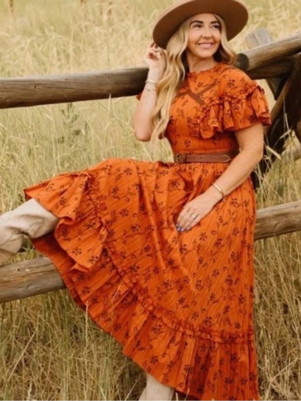 Ivy City Co. Shae Ruffled Floral Print Maxi Dress in Orange Sz 2